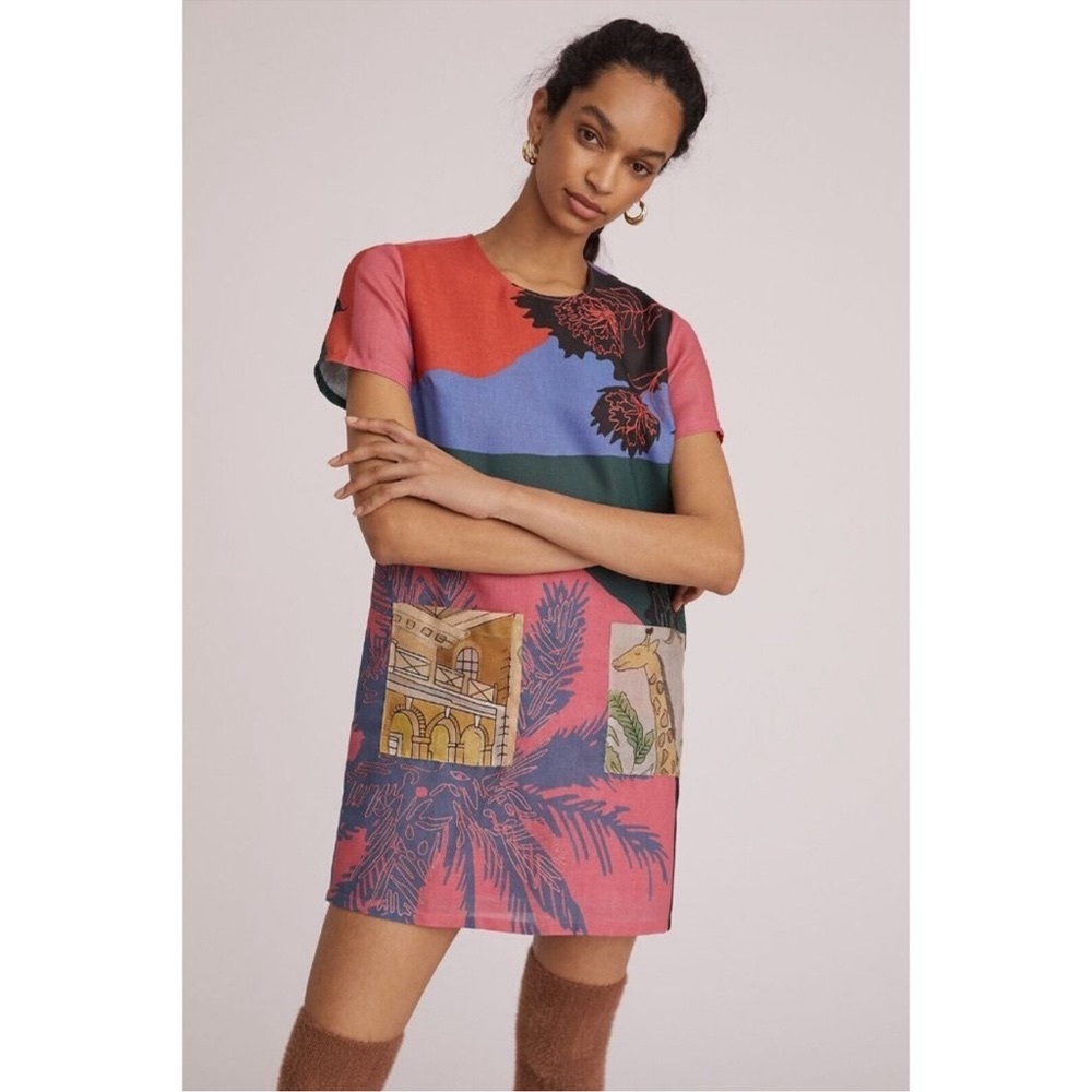 Multicolor Anthropology Geisha designs short sleeve mini dress + pockets